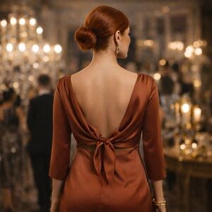 NWT Forest Lily Mini dress Bow embellished Satin Shiny Open Tie back Copper 6